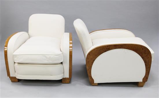 A pair of Art Deco burr walnut club armchairs,